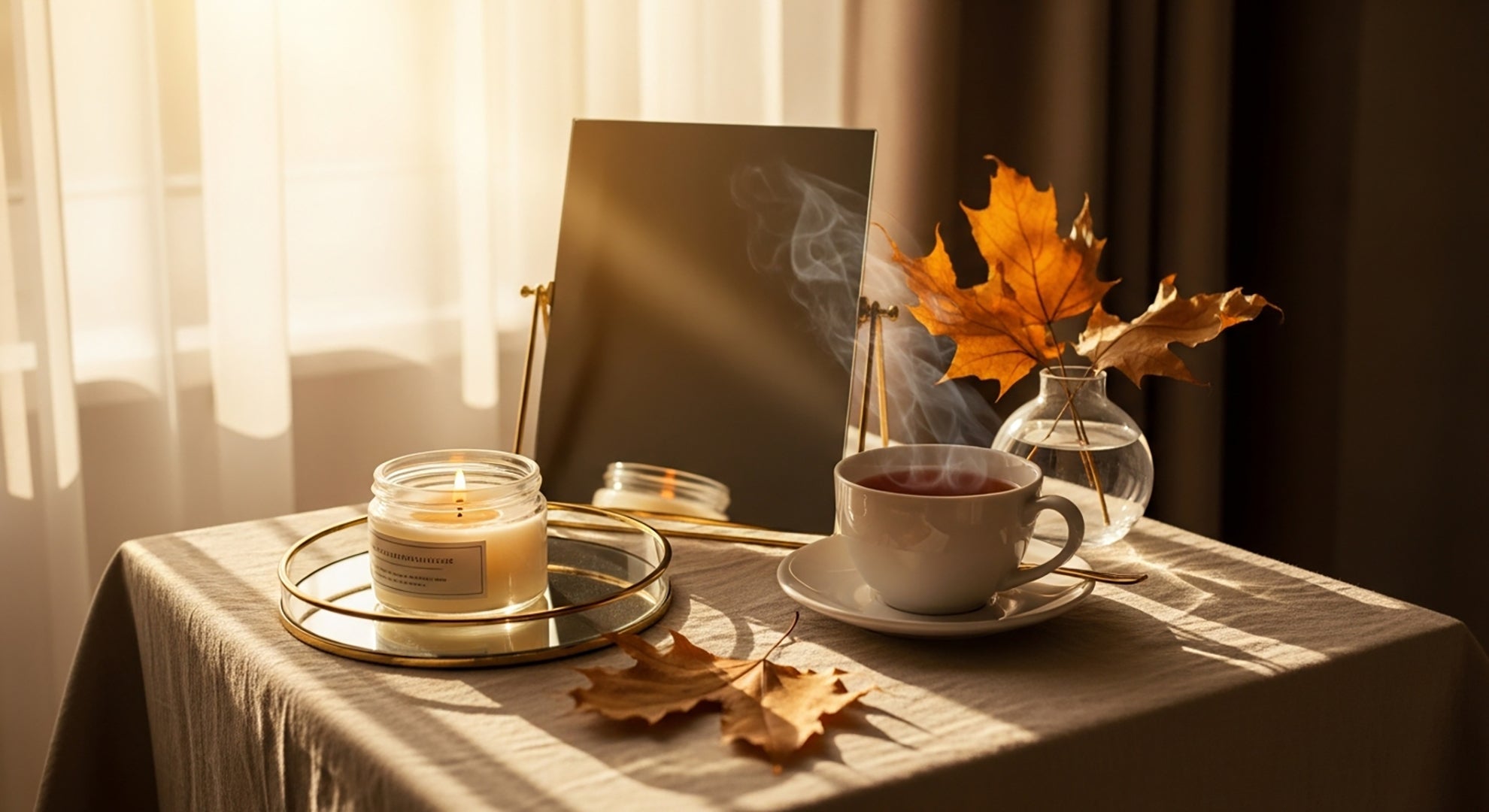 Candle, cup of tea, and autumn leaves on a table with soft lighting