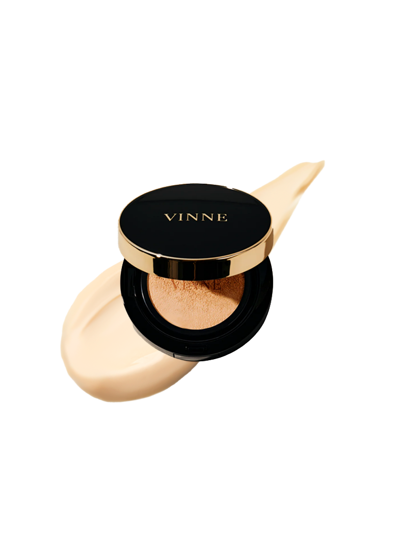 A cushion foundation product with a sponge applicator, predominantly in a light beige color, with a black and gold lid labeled 'VINNE'. VINNE Cushion Foundation #21 Light Beige for flawless glass skin finish