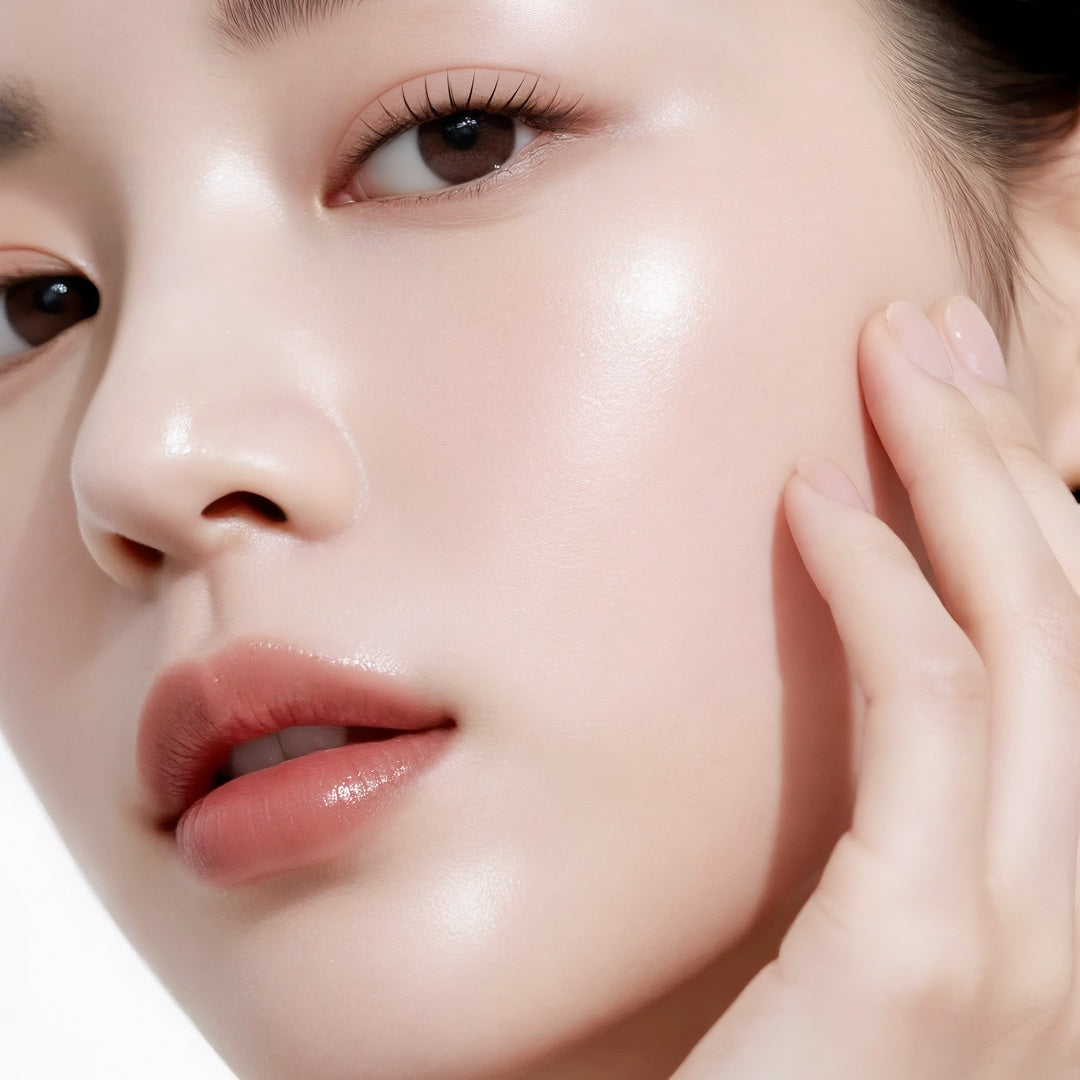 Close-up of radiant glass skin after using VINNE 300 Dalton ultra-low molecular collagen mask for maximum absorption and wrinkle improvement.