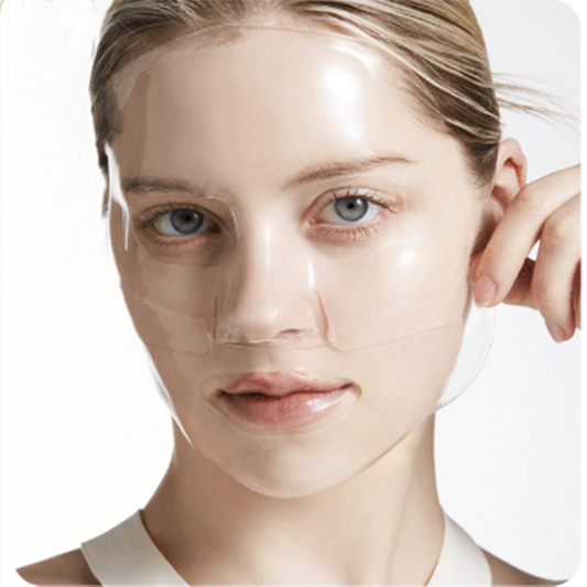 Woman wearing transparent VINNE Bio Deep Collagen Mask for overnight pore tightening and skin elasticity care