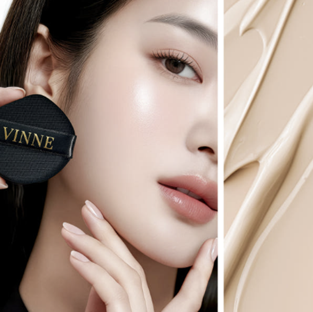 Split image showing a close-up of a model applying makeup with a black Vinne cushion puff on her cheek, next to a smooth and hydrating liquid foundation swiped texture.