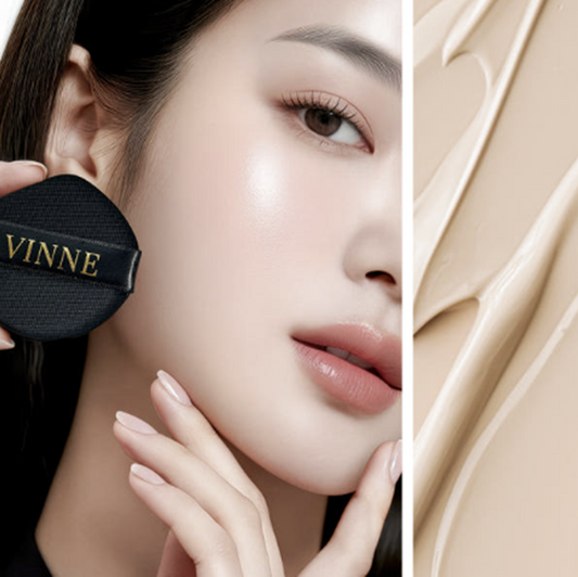 Split image showing a close-up of a model applying makeup with a black Vinne cushion puff on her cheek, next to a smooth and hydrating liquid foundation swiped texture.