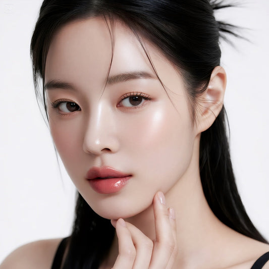 A model with glowing glass skin holding the VINNE luxury black and gold cushion compact, highlighting a radiant and flawless Korean makeup look.