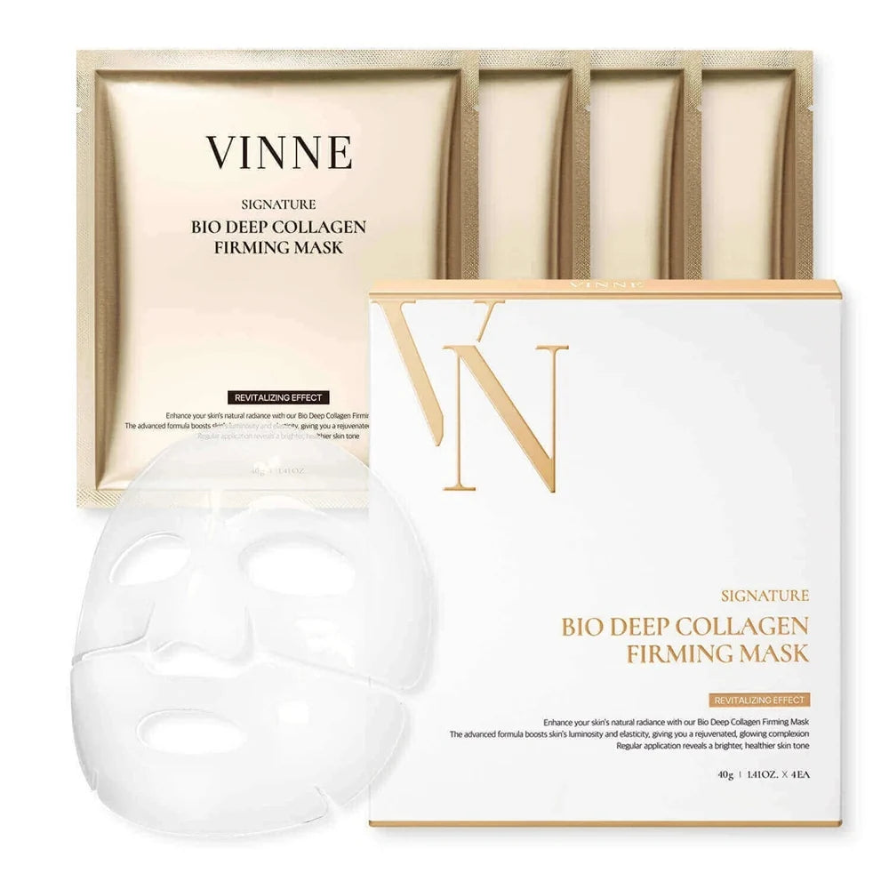 VINNE Signature Bio Deep Collagen Firming Mask box set and individual sheet pouches for professional at-home skincare