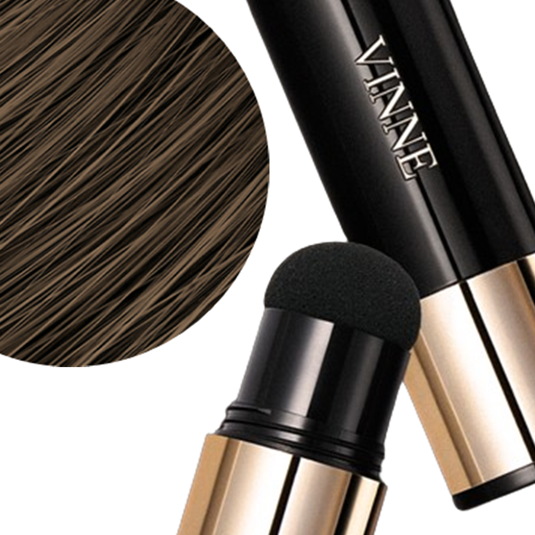 The image shows a Hair Concealer Stick in Dark Brown, with both the cap off and cap on, displaying the product's ease of use. The background has a textured pattern.