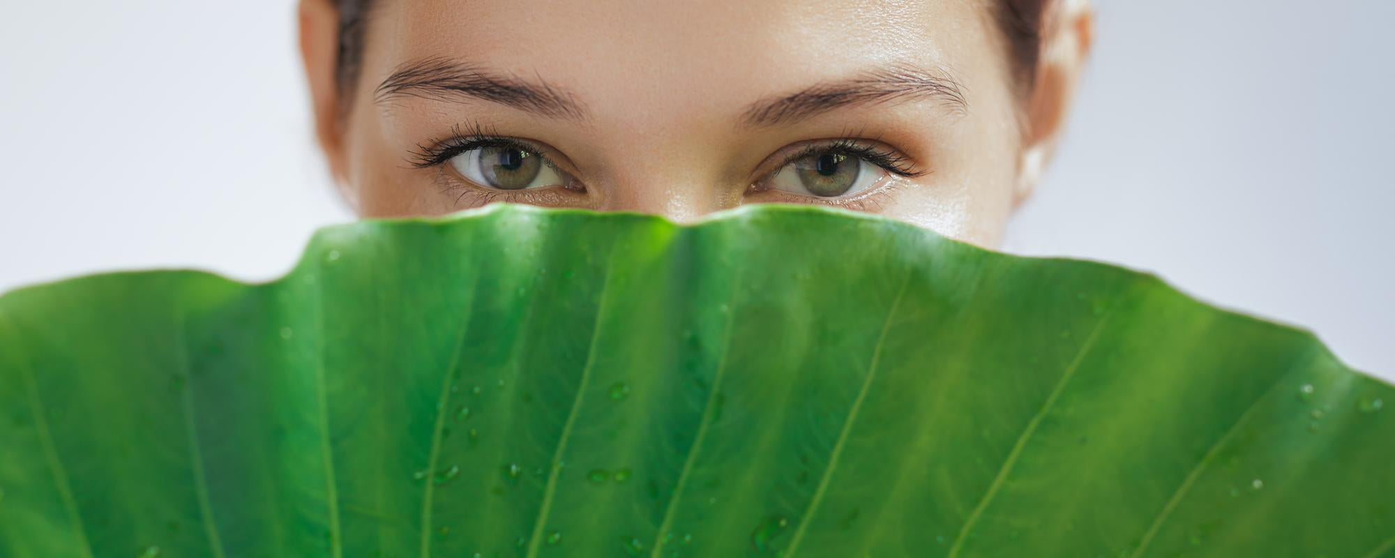 A woman behind a large leaf