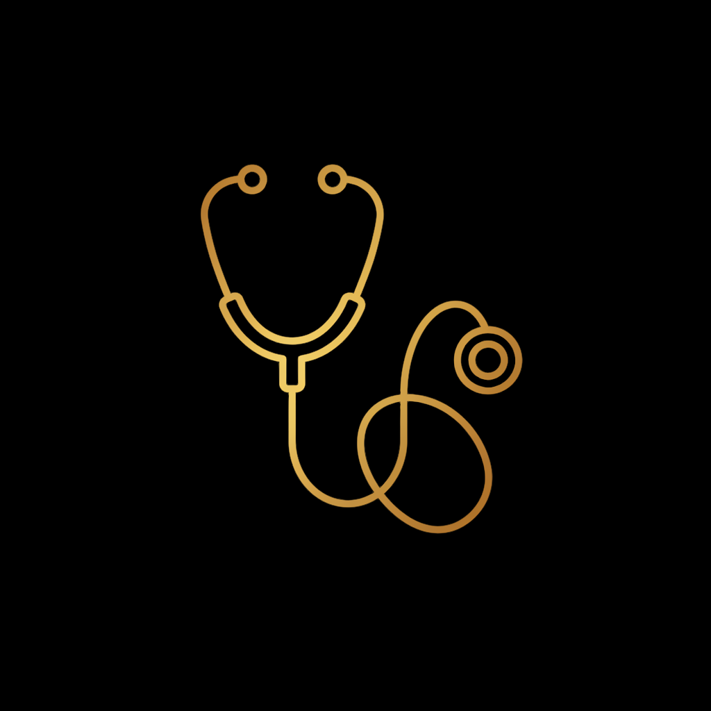 Gold stethoscope icon on a black background