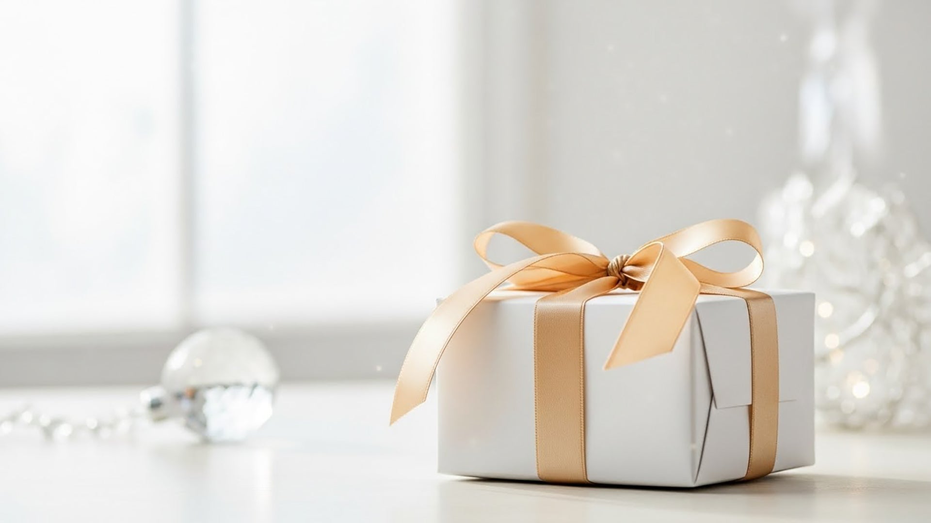 White gift box with a gold ribbon on a light background