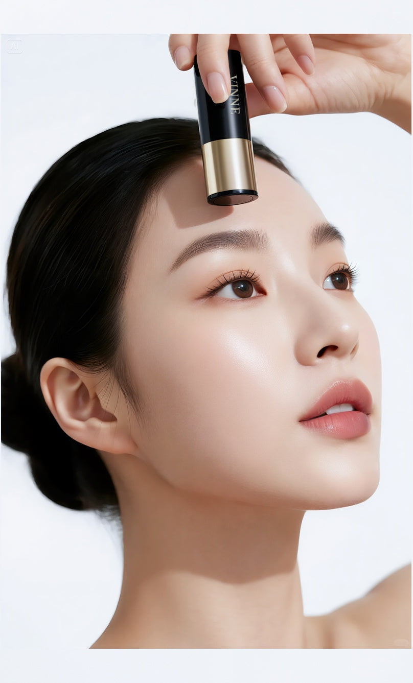 Close-up image of a female model creating a radiant glow on her forehead using VINNE stick cosmetics, dewy makeup effect