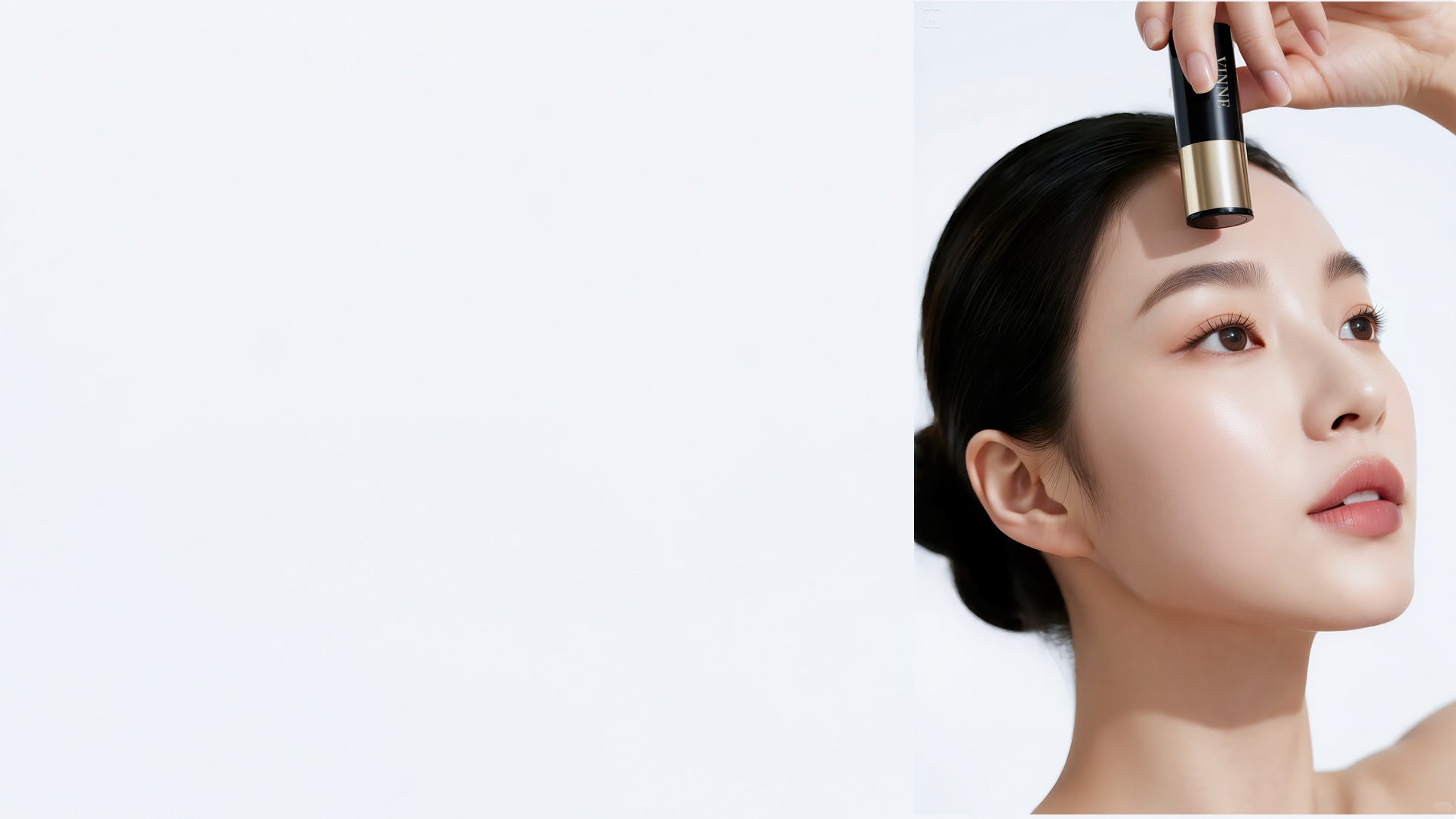 Makeup pictorial banner of a female model with clear skin holding a VINNE Multi Balm Stick to her forehead